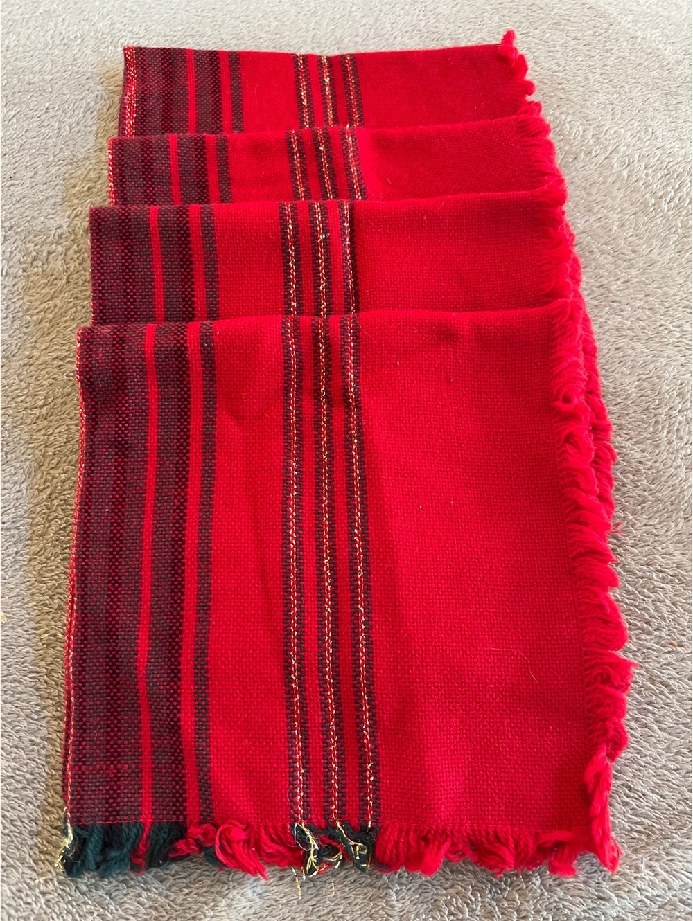 Lot of 4 Traditional Red and Black Woven napkins with Fringe Edges